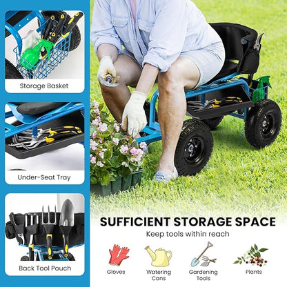 Giantex Rolling Garden Cart, 360 Swivel Workseat with 4 Wheels, Removal Cushion & Tool Tray, Storage Basket, Gardening Wagon Scooter with Adjustable Height, Handle (Blue)
