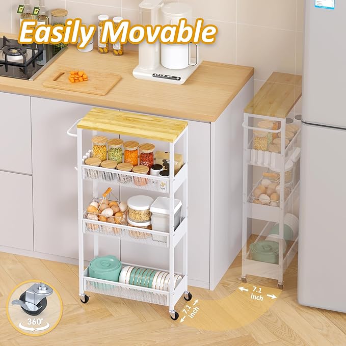 Slim Storage Cart on Wheels, 4 Tier Metal Narrow Rolling Cart with Handle and Wood Top, Multifunctional Small Mobile Shelf Unit Organizer Trolley for Laundry, Bathroom, Kitchen