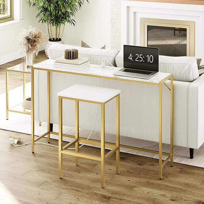 Console Table, Narrow Sofa Table, 43.3” Entrance Table with Power Station, Behind Couch Table, Simple Style, for Living Room, Hallway, Entryway, Foyer, Marble and Gold CTJM112E01