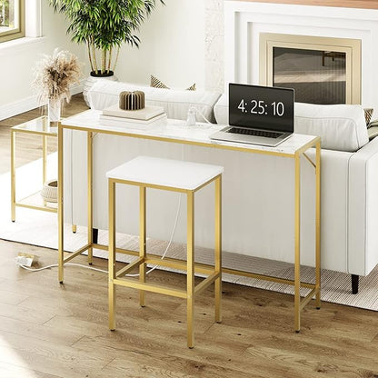 Console Table, Narrow Sofa Table, 43.3” Entrance Table with Power Station, Behind Couch Table, Simple Style, for Living Room, Hallway, Entryway, Foyer, Marble and Gold CTJM112E01