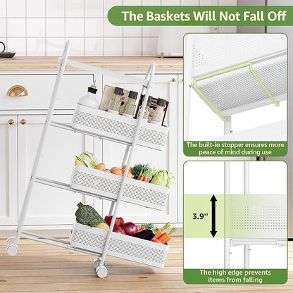 KINGRACK 4-Tier Slim Storage Cart with 3 Pull Out Basket, Rolling Bathroom Organizer Utility, Metal Shelving Unit Slide Out, Lockable Wheels, Easy Assembly for Narrow Place, Kitchen, Office, White