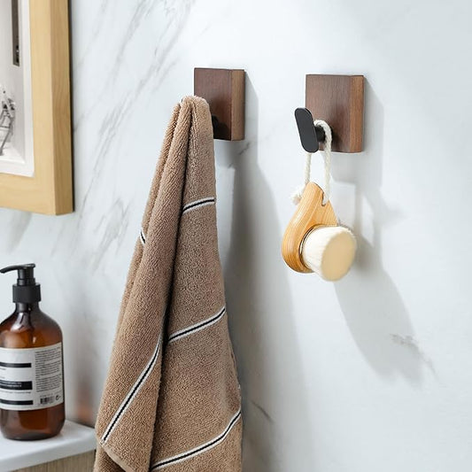 DELITON Adhesive Towel Hooks,Wall Hooks for bathrooms Without Drilling, Wood Wall Hooks for Hanging Robe, Towel, Bag Stick on Farmhouse Bathroom Bedroom Entryway 4 Packs Burned Brown