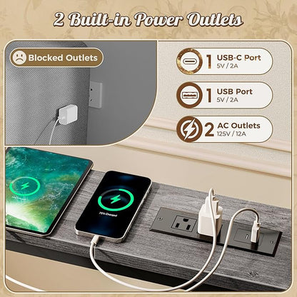 Huuger Narrow Sofa Table with 2 Power Outlets, 86.6-110.2 Inch Adjustable Length, Behind The Couch Table with USB-C Port, Long Entryway Console Table, Anti-tip Kit, for Living Room, Grey