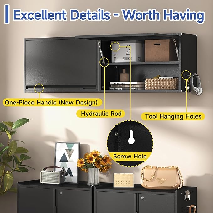 Metal Garage Wall Cabinet,Float Tool Cabinets with Up-Flip Door,Wall Mounted Metal Steel Cabinet for Garage/Home Office/RV/Ware House（Black/19.7" H