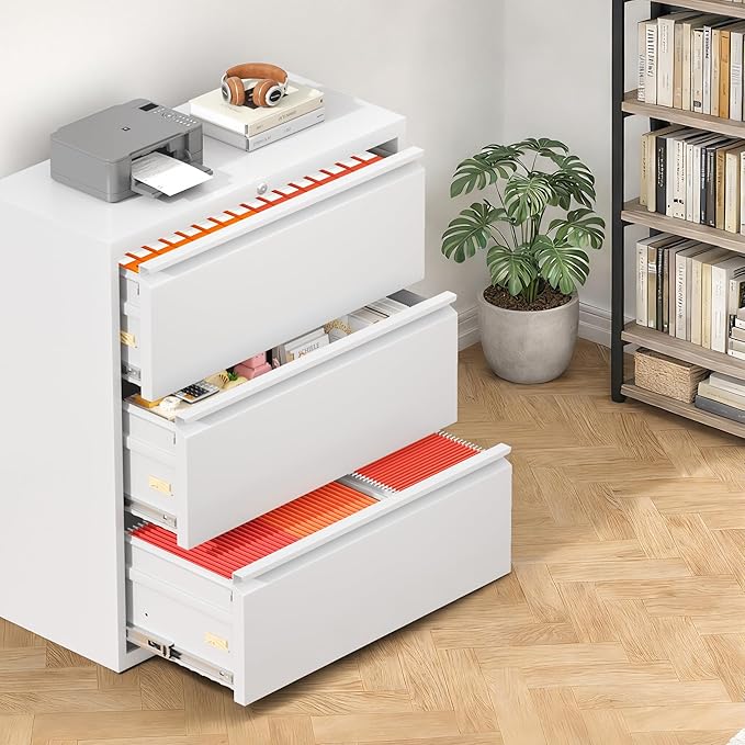 Bonusall File Cabinet, Lateral Filing Cabinet, 3 Drawer Metal File Cabinet with Lock, Lockable Filing Cabinet for Home Office, Hanging Files Letter/Legal/A4/F4 - White