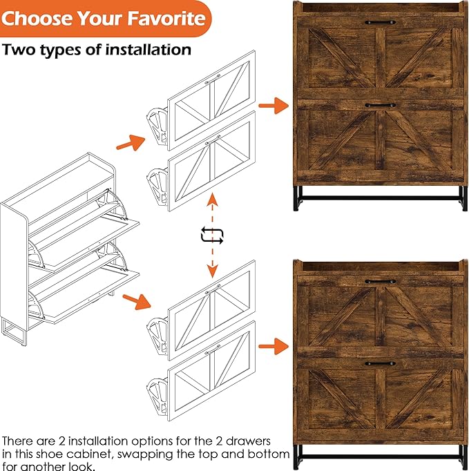 Betterhood Entryway Shoe Cabinet with 2 Flip Drawers, Farmhouse Slim Shoe Rack, Freestanding Hidden Shoe Organizer with Metal Legs, Shoe Cabniet for Entryway with Storage, Hallway, Foyer, Brown