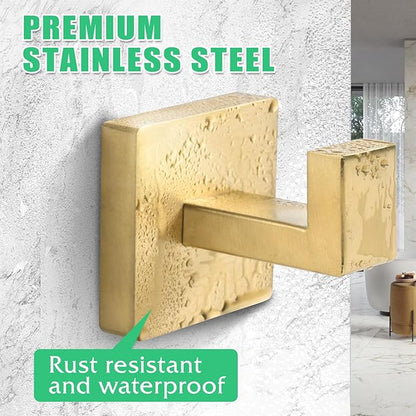 Heavy Duty Stainless Steel Towel Hooks, Wall Mounted Square Robe Hooks for Bathroom, Kitchen, Bedroom, Hotel Brushed Gold 2 Pack