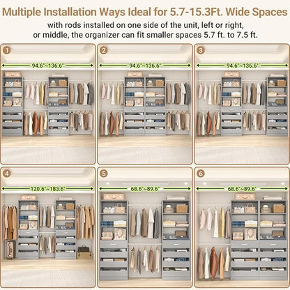 Aheaplus Closet System, 6-15Ft Closet Organizer with 8 Wooden Drawers, Wood Closet Organizer System with Tower, Walk-in Closet Organizer Wardrobe Garment Clothes Rack with 4 Hanging Rods, Grey