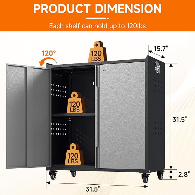 Metal Garage Storage Cabinet with Locking Doors and Adjustable Shelves,34.3" H Small Rolling Tool Storage Cabinet,Lockable Metal Tool Cabinet on Wheels for Garage, Warehouse, Barbershop-Black Gray