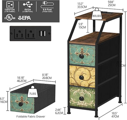 Tohomeor Narrow Dresser Tall Skinny Storage Tower Vertical Slim Chest of Drawers with Charging Station Small Nightstand Side Table for Bedroom, Bathroom, Small Spaces (Retro Flower, 3 Drawers)