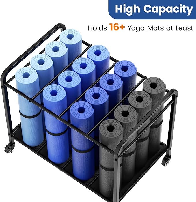 Black Yoga Mat Storage Rack Basket with Wheels, Floor-Standing Metal Yoga Mat Cart Workout Equipment for Foam Roller Dumbbells Kettlebells,in Gym,Fitness Classes, Yoga Studio & Home Gym