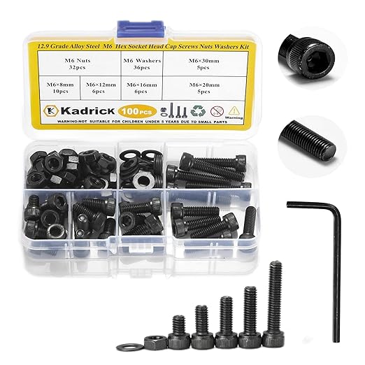 Kadrick Metric Screws Assortment - 100 Pcs M6 Hex Socket Head Cap Bolts, 8mm/12mm/16mm/20mm/30mm With Nuts and Washers - 12.9 Grade Alloy Steel, Black Zinc Plated, Anti-Rust Upgrade