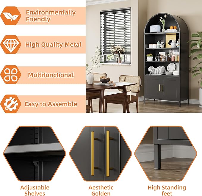 Metal Arched Bookcase Cabinet,Wide Black Arched Bookshelf with 2 Adjustable Shelf for Home Office Living Room,Required Assembly,17.7" D x 35.5" W x 78.8" H