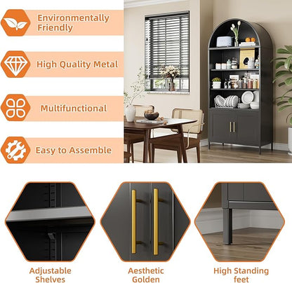 Metal Arched Bookcase Cabinet,Wide Black Arched Bookshelf with 2 Adjustable Shelf for Home Office Living Room,Required Assembly,17.7" D x 35.5" W x 78.8" H