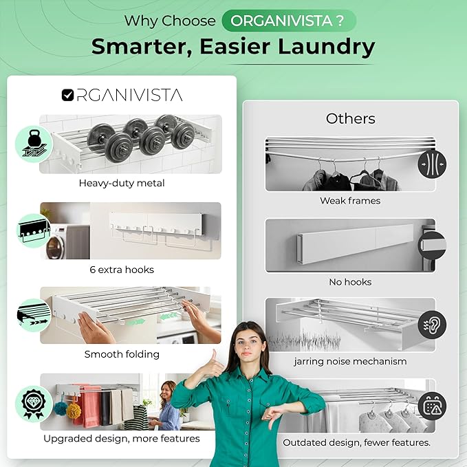 Laundry drying rack wall mount(40-INCH White), a wall mount clothes drying rack solution with reinforced metal frame, easy installation in tight spaces and foldable; drying rack clothing wall mounted.