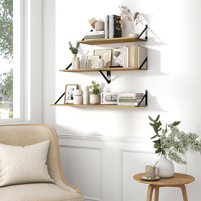 Fun Memories Deep Floating Shelves for Wall, 36W x 8D Wall Mounted Shelves Set of 2, Wide Display Ledge Shelf with Sturdy Metal Brackets for Living Room, Bathroom, Bedroom and Kitchen, Oak