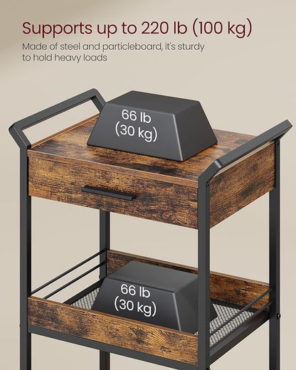VASAGLE Storage Cart, 3-Tier Rolling Utility Cart with Table Top, Handles, 4 Lockable Casters, Top Drawer, Mesh Shelves, for Kitchen, Bathroom, Bedroom, Rustic Brown and Ink Black ULRC048K01
