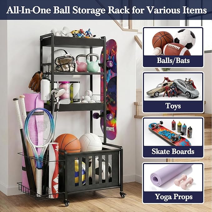 Sports Equipment Organizer, Ball Storage Rack for Garage, 4-Tier Indoor/Outdoor Rolling Ball Carts with Wheels for Toy Sports Gear Storage, Black