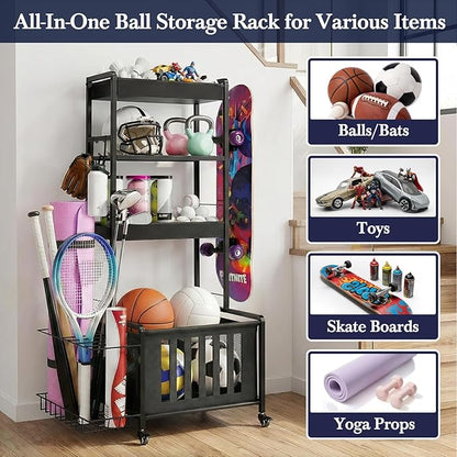 Sports Equipment Organizer, Ball Storage Rack for Garage, 4-Tier Indoor/Outdoor Rolling Ball Carts with Wheels for Toy Sports Gear Storage, Black