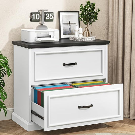 2 Drawer File Cabinet, Farmhouse Lateral Filing Cabinet for Letter/A4/F4/Legal Size Hanging Files, Large Wood File Storage Cabinets Printer Stand for Home Office, White and Black