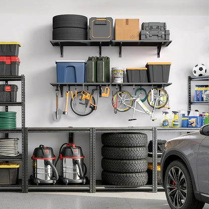 2-Pack 2x3ft Garage Shelving Wall Mounted, 2' x 3' Heavy Duty Garage Storage Shelves with Hooks, 500LB Capacity