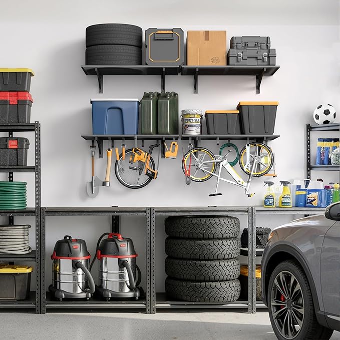 4-Pack 2x3ft Garage Shelving Wall Mounted, 2' x 3' Heavy Duty Garage Storage Shelves with Hooks, 1000LB Capacity