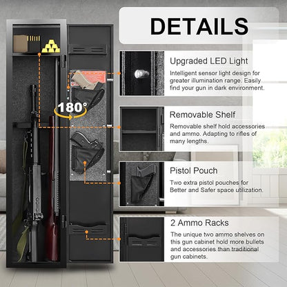 3 Gun Safe, Gun Safe for Rifles and Pistols with 180° Full Access Door and Removable Shelf, No Assembly Dual Alarm System Gun Cabinet with Mute Mode, Quick Access Long Shotgun Safe with LED