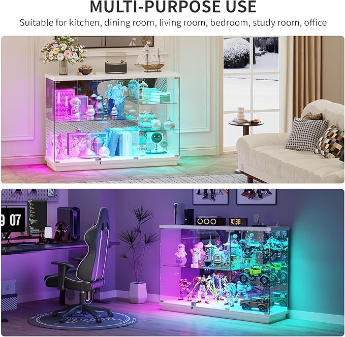 HNEBC 47.2" W Display Cabinet - with Lockable Glass Door,5-Tier Glass Display Case with 12 Lights Modes for Collectibles,Lighted Cuiro Cabinet with Human Sensor,China Cabinet,Living Room,White