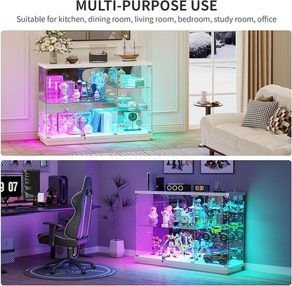 HNEBC 47.2" W Display Cabinet - with Lockable Glass Door,5-Tier Glass Display Case with 12 Lights Modes for Collectibles,Lighted Cuiro Cabinet with Human Sensor,China Cabinet,Living Room,White