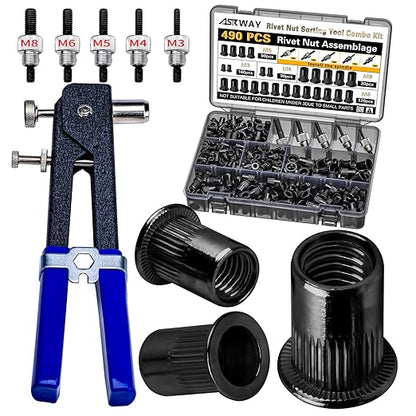 Rivet Nut Tool Kit, 490Pcs Black Zinc Metric Rivet Nut Combination (M8/M6/M5/M4/M3), Suitable for Automotive, Marine and Industrial Applications (Black 490PCS Rivet Nut Tool Kit)