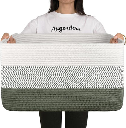 OIAHOMY Large Blanket Basket, 22”x17”x12” Rectangle Woven Baskets, Nursery Blanket Storage Living Room, Toy Storage With Handle, Large Baskets for Organizing-Green/White