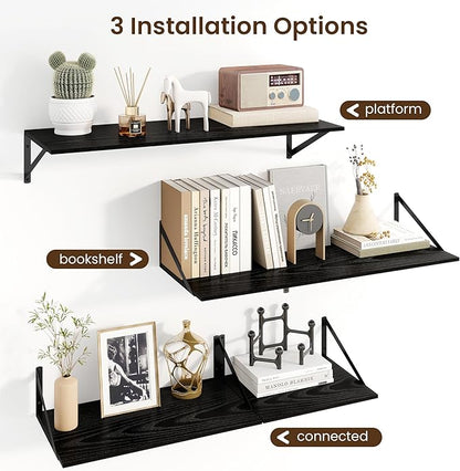 Fun Memories Floating Shelves for Wall, 12 Inch Deep Floating Shelves Set of 2, 16W x 12D Large Wall Shelf with Sturdy Metal Brackets for Living Room, Bathroom, Bedroom and Kitchen, Black