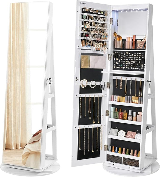SONGMICS 6 LEDs Lockable Mirror Jewelry Cabinet, 360° Swivel Jewelry Organizer Armoire Standing, Frameless Full-Length Mirror, 3 Storage Shelves, White Surface, Black Lining UJJC007W01
