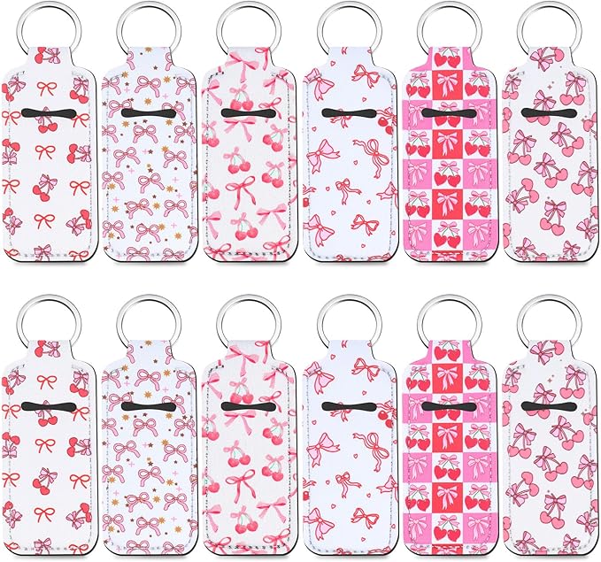 12 Pcs Lipstick Holder Keychain Bulk Cute Pocket Lip Balm Holder Keychain Backpack Purse Accessories for Women Lip Gloss Sleeve Pouch, 6 Style (Cherry Bow)