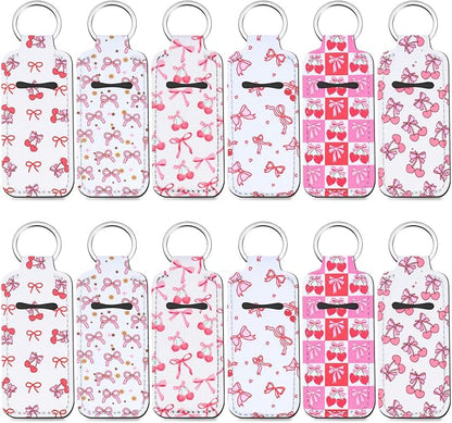 12 Pcs Lipstick Holder Keychain Bulk Cute Pocket Lip Balm Holder Keychain Backpack Purse Accessories for Women Lip Gloss Sleeve Pouch, 6 Style (Cherry Bow)