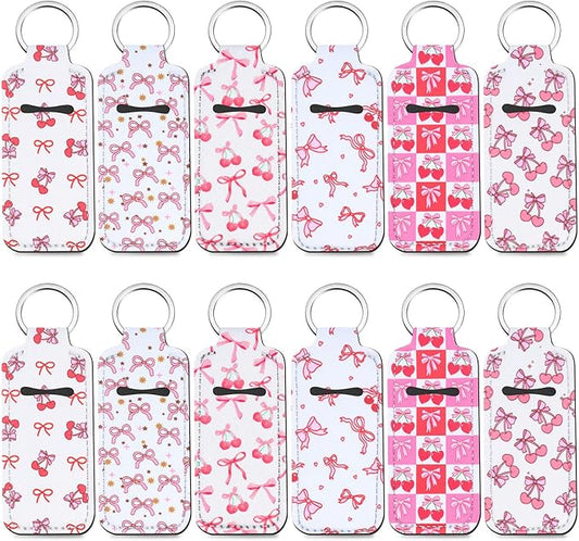 12 Pcs Lipstick Holder Keychain Bulk Cute Pocket Lip Balm Holder Keychain Backpack Purse Accessories for Women Lip Gloss Sleeve Pouch, 6 Style (Cherry Bow)