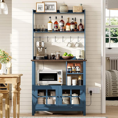 ChooChoo Farmhouse Coffee Bar Cabinet with Storage, Bakers Rack with Power Outlets, Microwave Stand Kitchen Cabinet with Hutch and 6 Hooks, Blue