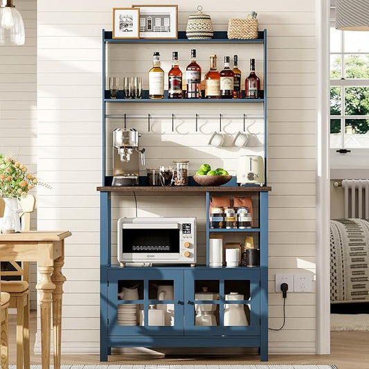 ChooChoo Farmhouse Coffee Bar Cabinet with Storage, Bakers Rack with Power Outlets, Microwave Stand Kitchen Cabinet with Hutch and 6 Hooks, Blue