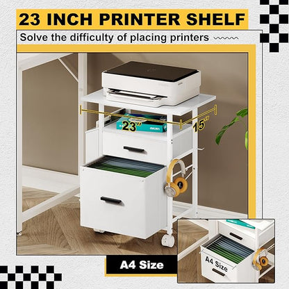File Cabinet Printer Stand, Fabric Mobile Filing Cabinet with 2 Storage Drawers, for Hanging A4, Letter Size File Folders, Open Shelf with Storage Bag and Hooks Home Office, White