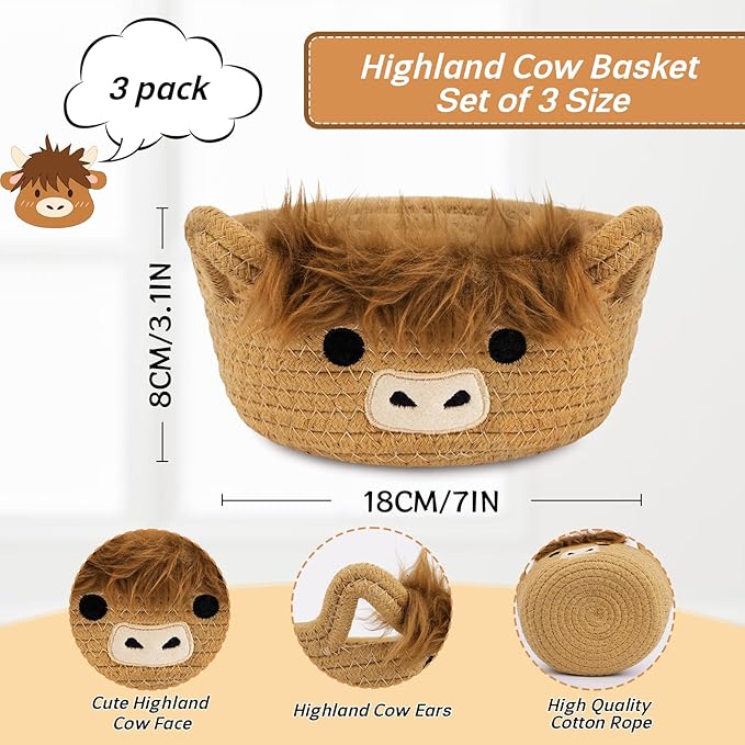 3 Pack Small Highland Cute Cow Storage Baskets for Organizing,Woven Decorative Gift Basket, Nursery Shelves Rope Cotton Storage Bins for Gifts Empty, Mini Burr Baby Shower with Handles,7 IN