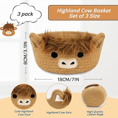 3 Pack Small Highland Cute Cow Storage Baskets for Organizing,Woven Decorative Gift Basket, Nursery Shelves Rope Cotton Storage Bins for Gifts Empty, Mini Burr Baby Shower with Handles,7 IN