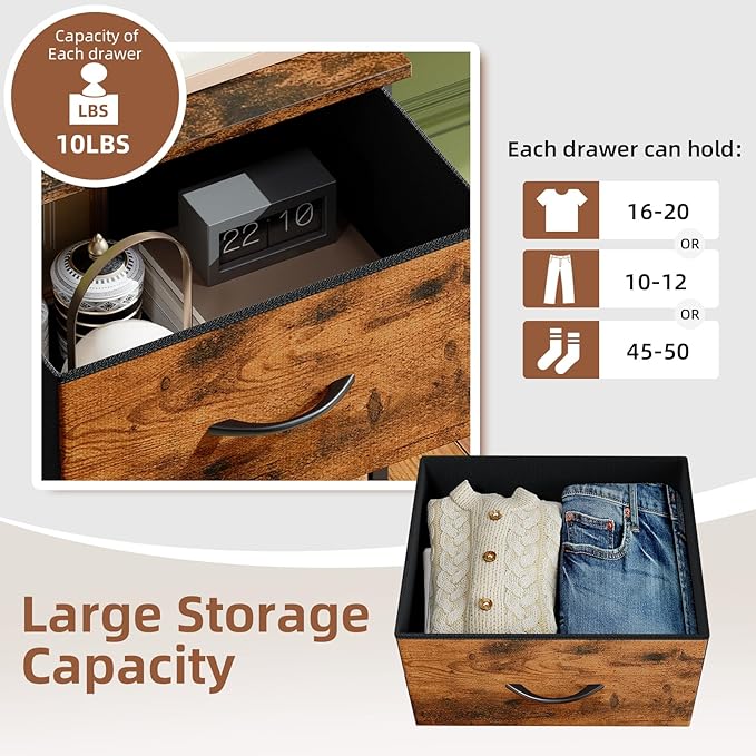 Somdot Dresser for Bedroom with 4 Drawers, Storage Organizer Chest of Drawers with Removable Fabric Bins for Closet Bedside Living Room Laundry Entryway Hallway, Wood Grain Print