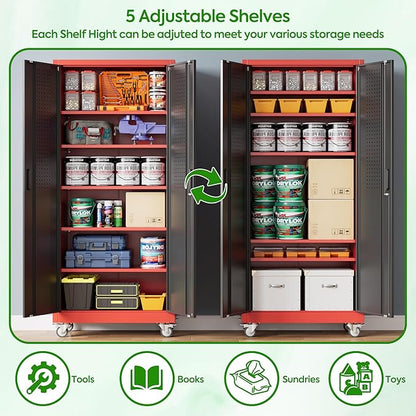 71" H Garage Storage Cabinet with Wheels and Pegboard, Lockable Metal Storage Cabinet with 5 Adjustable Shelves and 4 Hooks for Garage,Warehouse, Home, Assembly Required, Black and Red