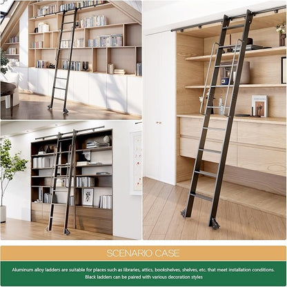 96" Attic Rolling Library Ladder,8 Step Aluminum Ladder with,with 4FT Sliding Hardware Track Kit Bottom Wheel Included&Handrail,Loft Ladder,Wall Stairs Stair Platform Bunkbed Ladder