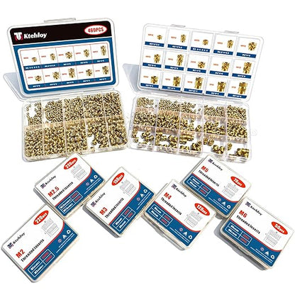 400Pcs Threaded Inserts, M2 M2.5 M3 M4 M5 M6 Female Thread Metric Knurled Nuts Assortment Kit, Brass Heat Set Insert for Plastic and 3D Printing Components (Threaded Inserts Ket)