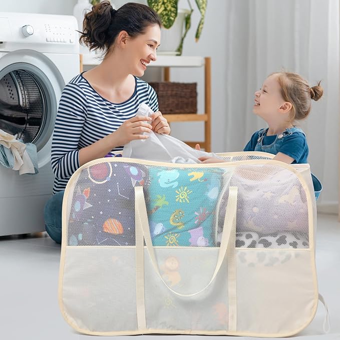Collapsible Laundry Baskets with 3 Compartment, 150L Tear-proof Pop Up Hamper, Foldable Laundry Basket with Tote Handles, Dirty Clothes Hamper for Laundry, Bedroom, Bathroom, Dorm Beige