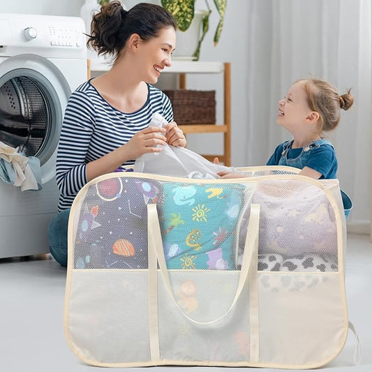 Collapsible Laundry Baskets with 3 Compartment, 150L Tear-proof Pop Up Hamper, Foldable Laundry Basket with Tote Handles, Dirty Clothes Hamper for Laundry, Bedroom, Bathroom, Dorm Beige