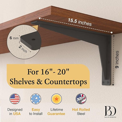 2 Pack Heavy Duty Shelf Brackets 16 Inch Mantel Decorative L Bracket for Shelves, Metal Shelf Support Bracket, Wall Mounted Granite Countertop Iron Corbels, Floating Black Shelving Brackets
