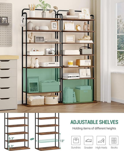 8 Tiers Widened Vertical Shoe Rack, Narrow Shoe Tower, Tall Shoes Shelf with 2 Hooks, Adjustable Shelves, Corner Shoes Shelves for Small Spaces, Entryway, Living Room, Rustic Brown SR12501B