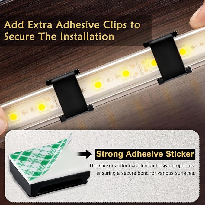 GooChan Strip Light Mounting Clips Self-Adhesive Tape Brackets Holder,100-Pack Clamps Fix Light Strip 8mm 10mm 12mm (for 10mm (3/8") Black Wide Strip Lights)